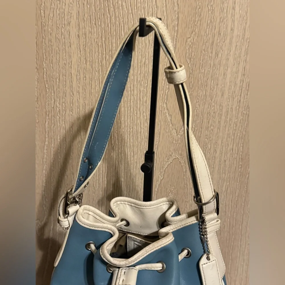 Vintage COACH Blue & White Leather Mini Bucket Drawstring Crossbody Shoulder Bag